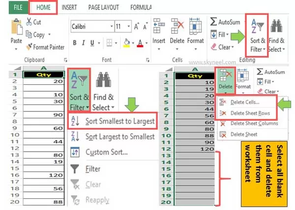 delete blank cells using sort command in Excel delete blank cells using sort command in Excel