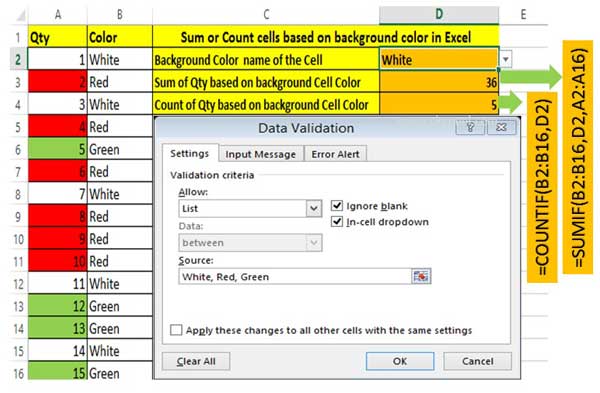 How to Sum or Count cells based on background color in Excel