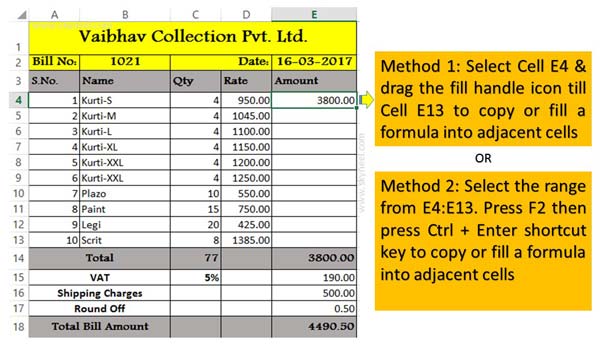 How to copy or fill a formula into adjacent cells in Excel