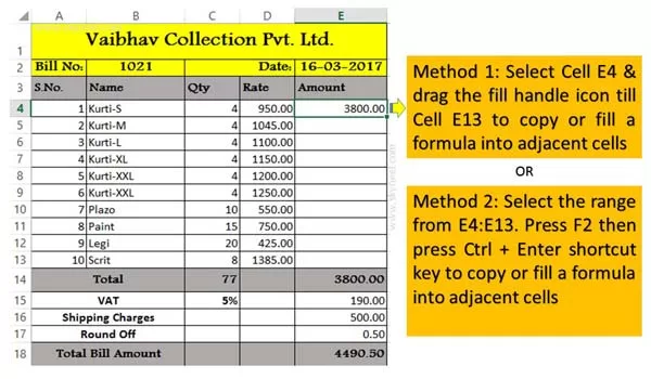 How to copy or fill a formula into adjacent cells in Excel
