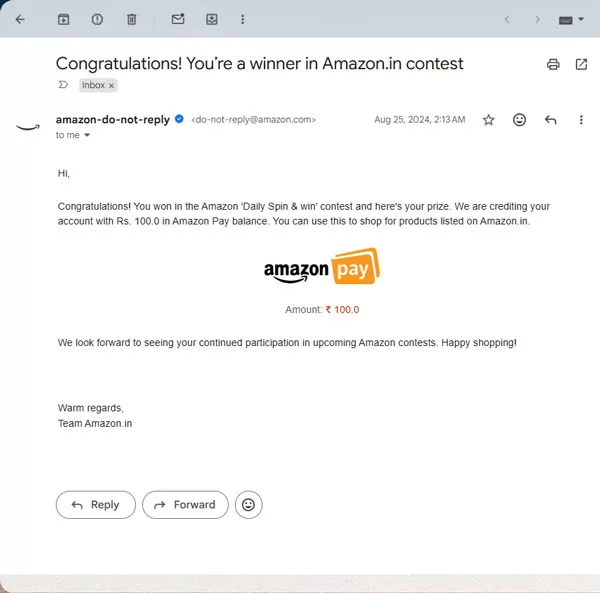 Amazon Funzone Quiz winner prize proof screenshot 