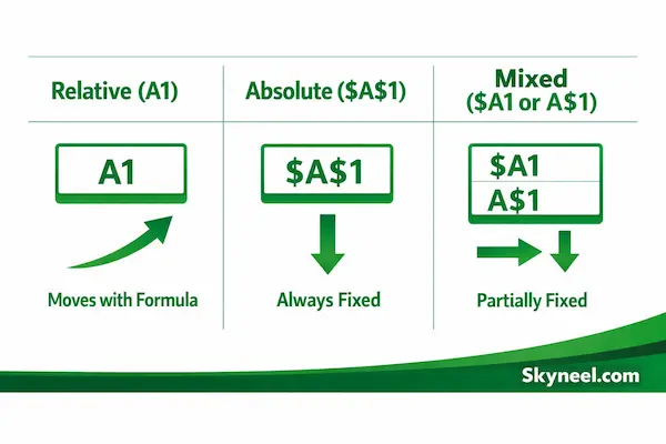 how dollar sign works in excel formula absolute mixed reference